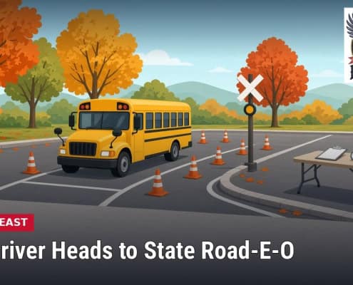 Fostoria News Yellow school bus on road with traffic cones and crossing sign in autumn setting.